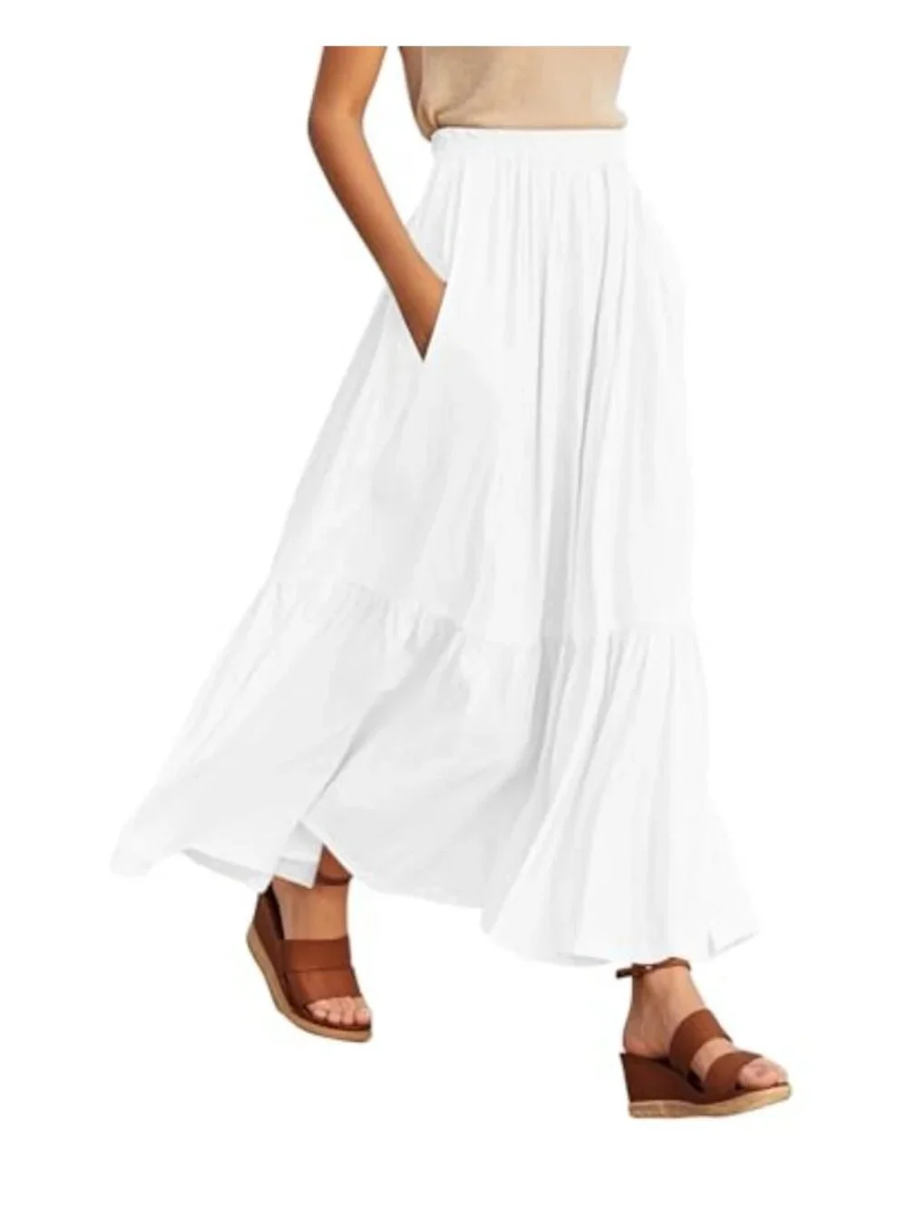 Boho Flowy Maxi Skirt with Pockets Elastic Waist A-Line